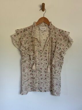 Cleobella Cream Floral Ruffle Tie-Front Blouse